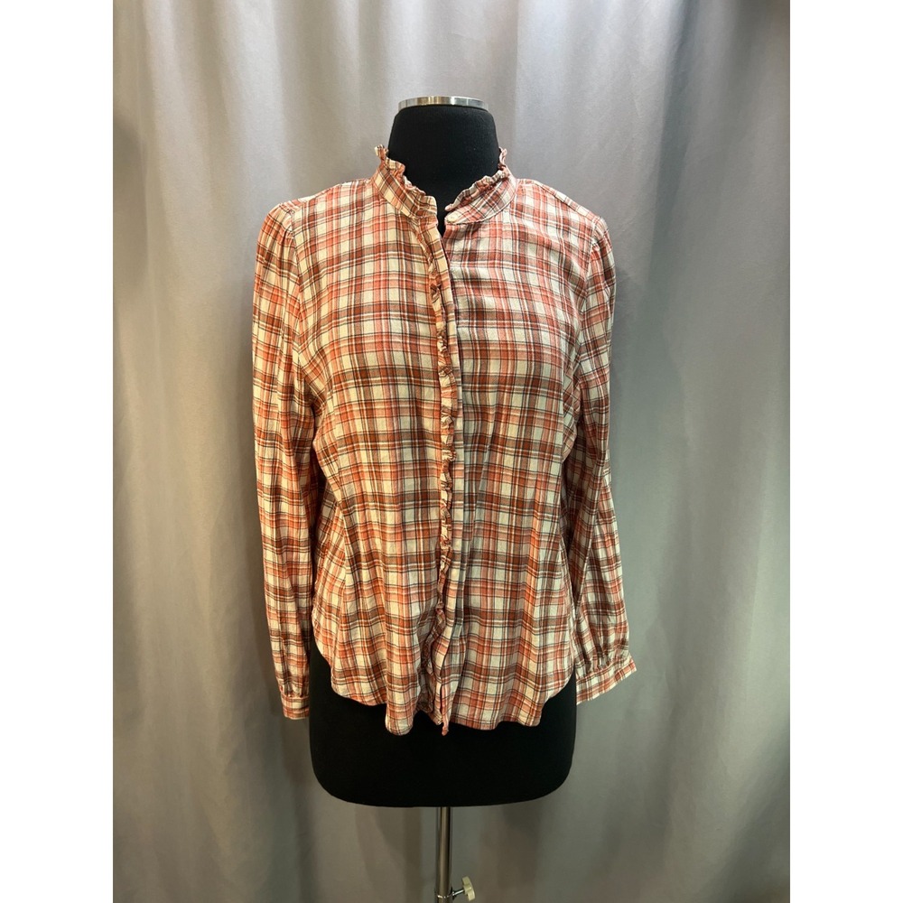 Loft Ruffle Neck Shirt Womens Medium Multicolor Plaid Rayon Linen Button Front